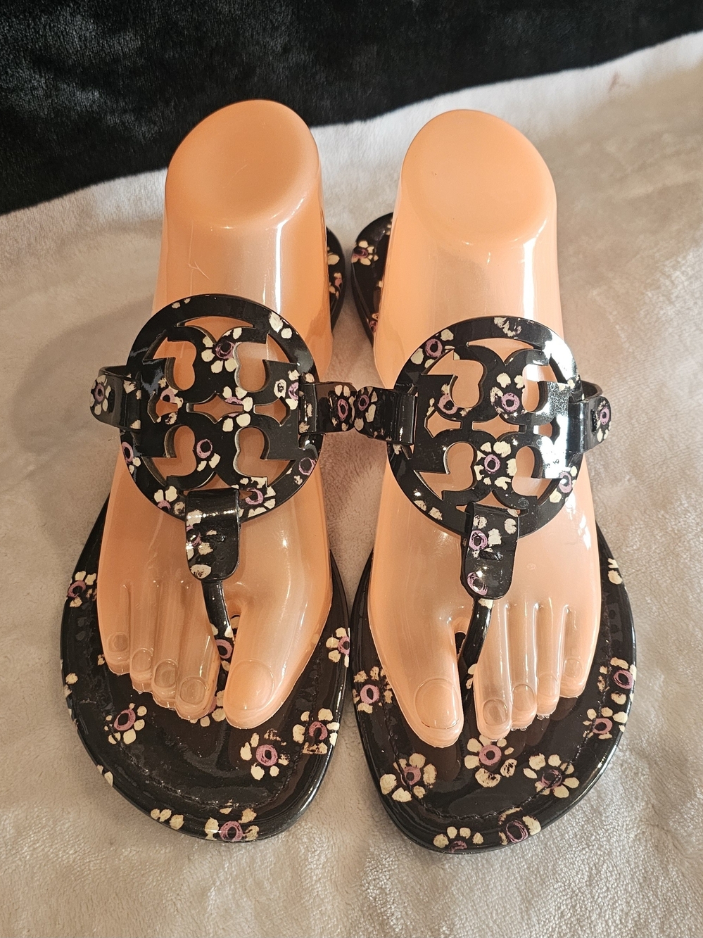Tory Burch Miller Black Floral Leather Thong Sandals